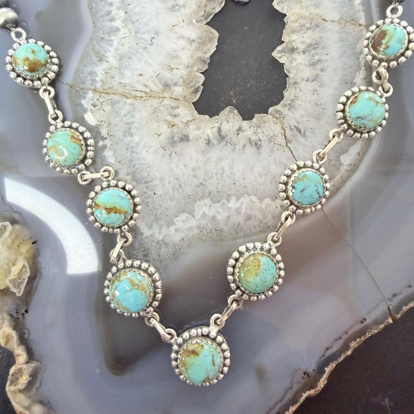 Sterling Southwestern Style Rounded Turquoise & 5mm Navajo Pearl Beads Necklace For Women