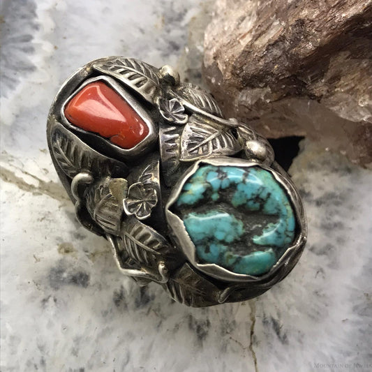 Juan Pedro Garcia Vintage Silver Turquoise & Coral Decorated Ring Size 10.5 For Women