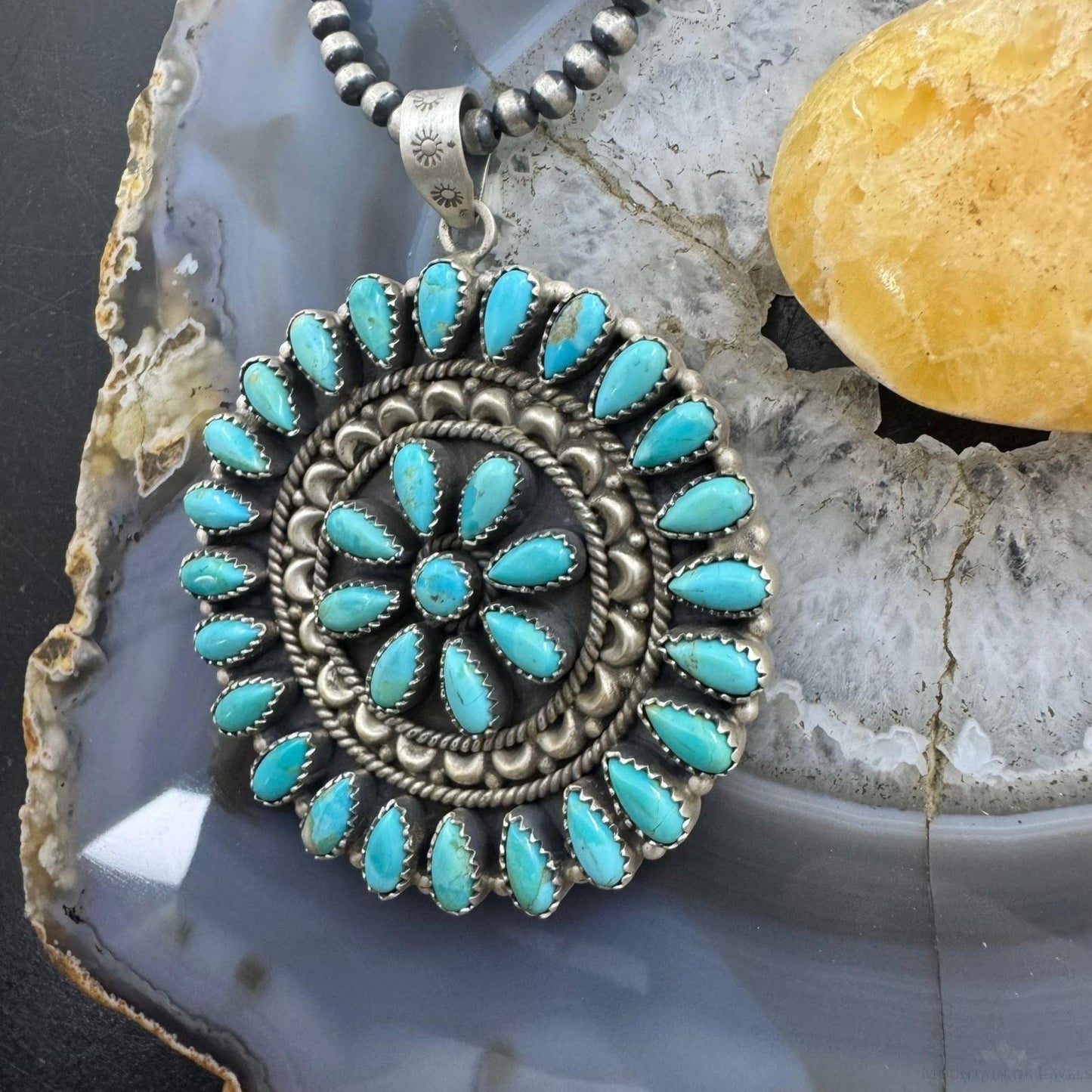 Southwestern Style Sterling Silver Turquoise Decorated Round Cluster Pendant For Women