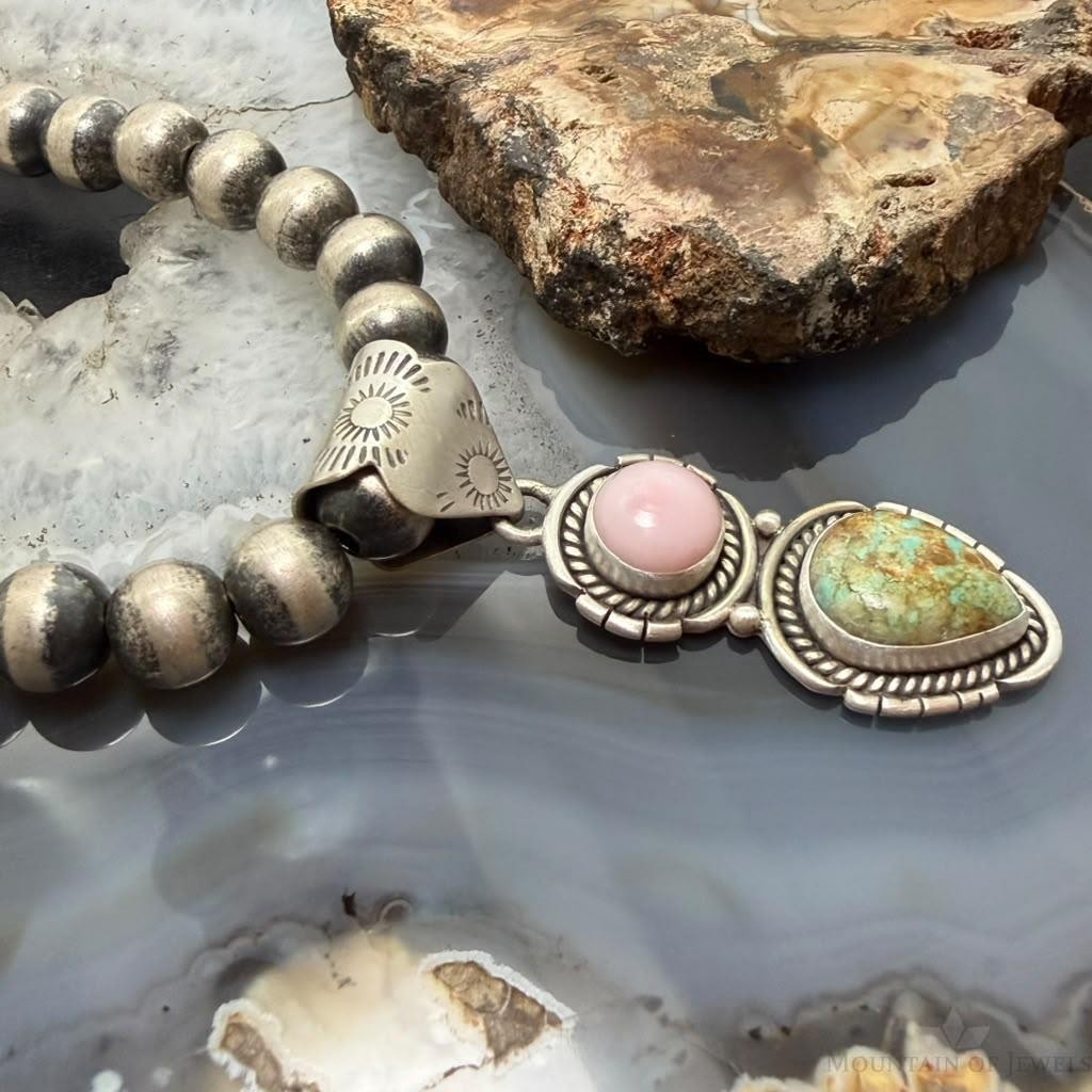 Sterling Silver Southwestern Style Pink Conch & Turquoise Pendant For Women #1