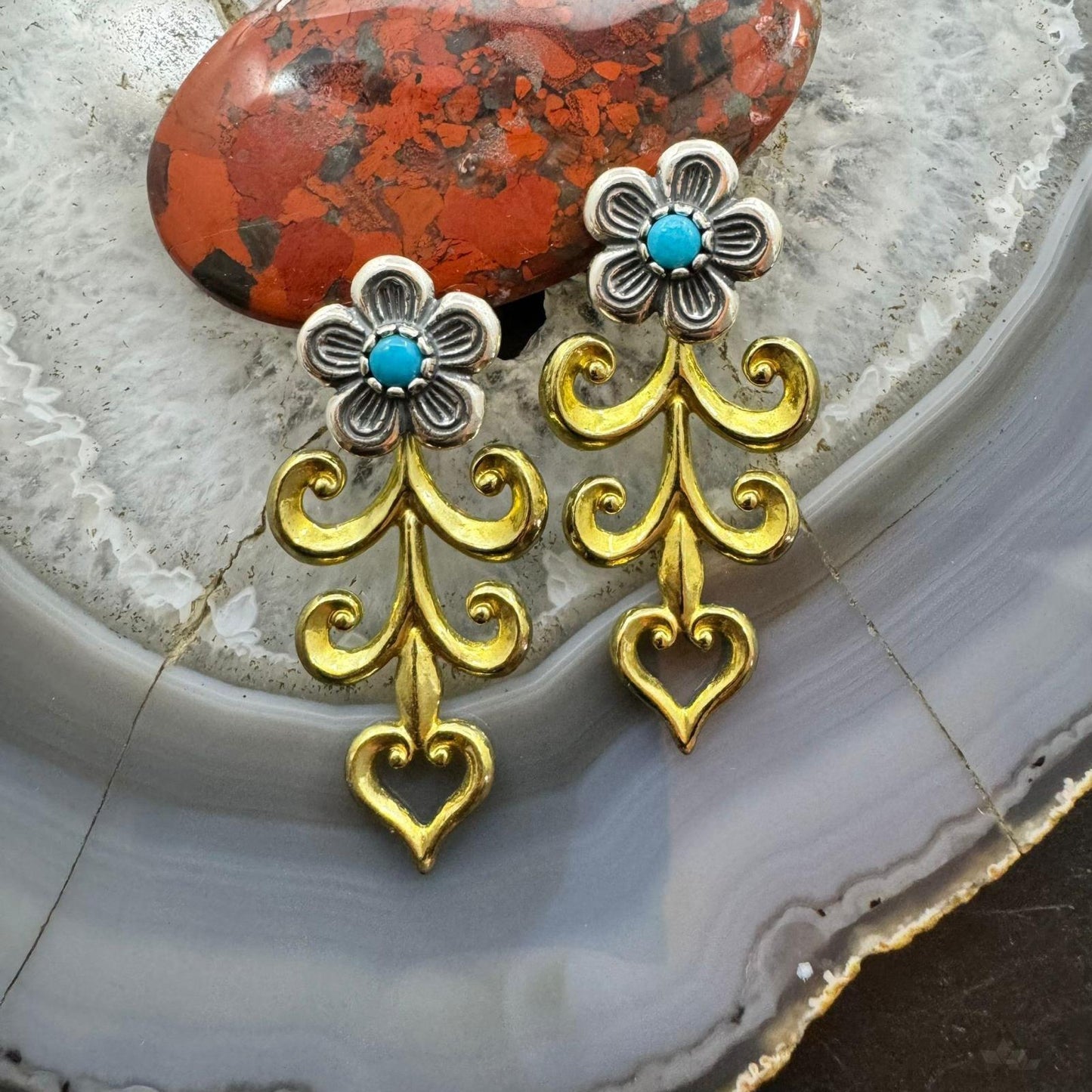 Carolyn Pollack Sterling Silver & Brass w/Turquoise Floral Post Earrings For Women