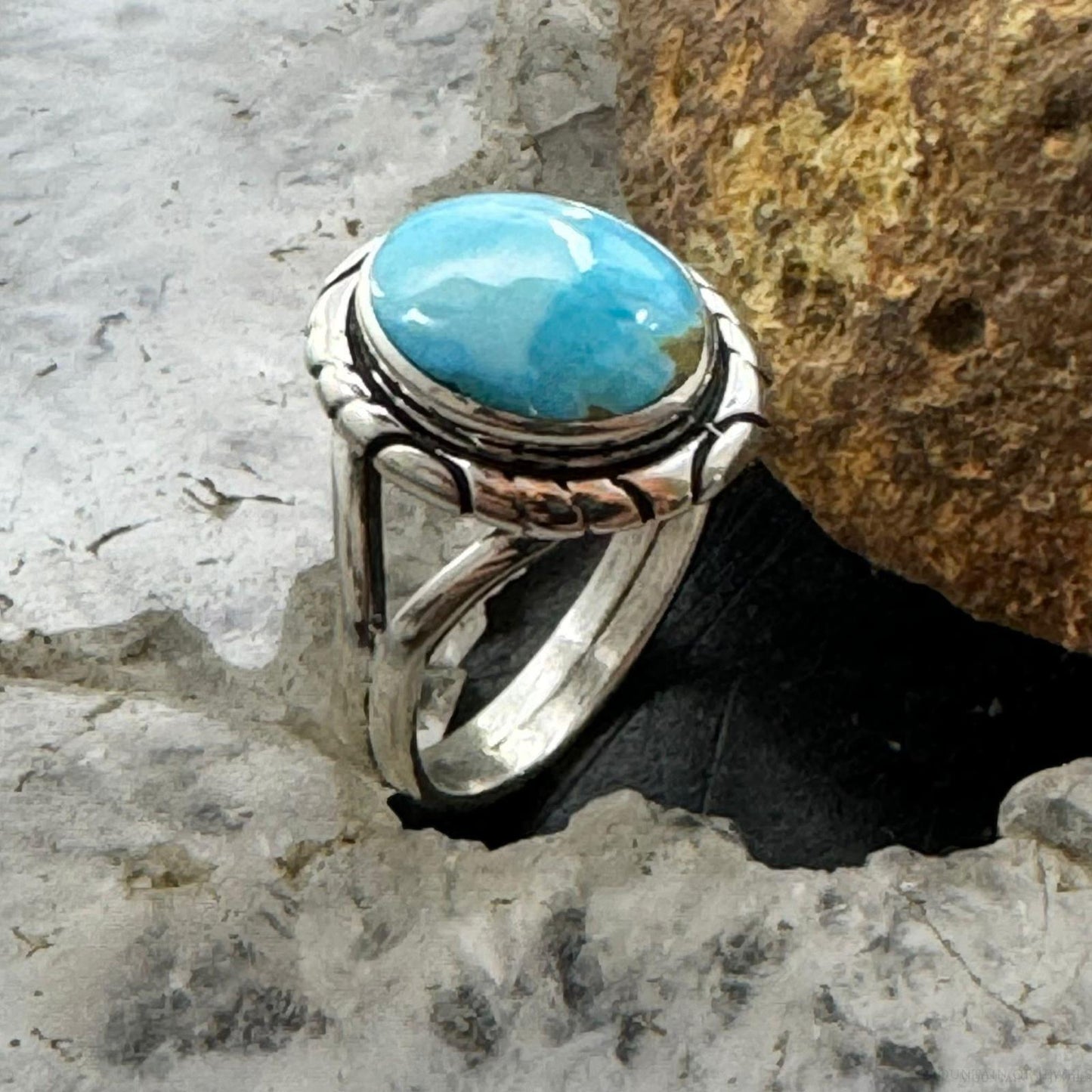 Native American Sterling Silver Oval Blue Ridge Turquoise Ring Size 5 For Women