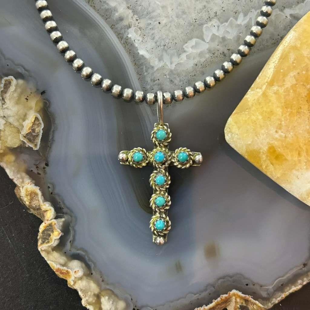 Vintage Signed Sterling Silver Petite Point Turquoise Unisex Cross Pendant