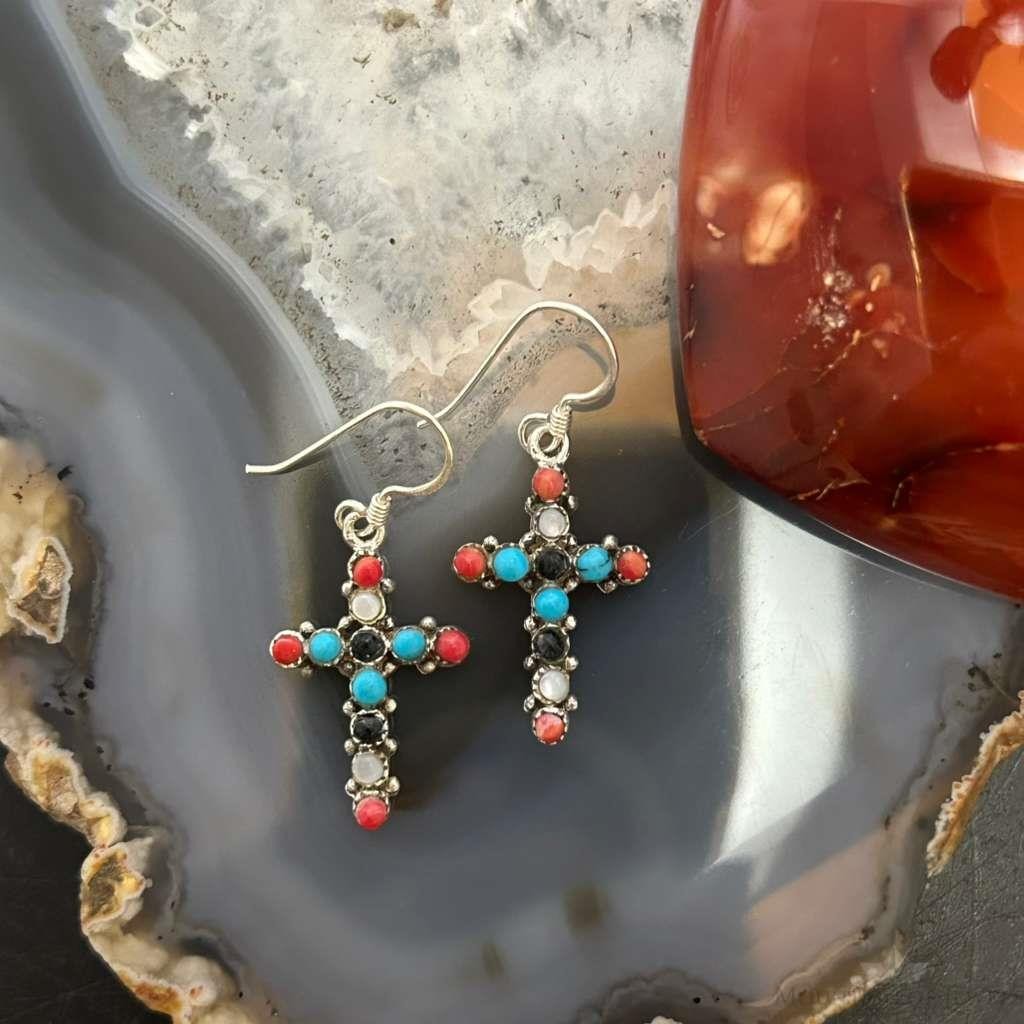 Sterling Silver Southwestern Style Multi-Stone Cross Dangle Earrings For Women