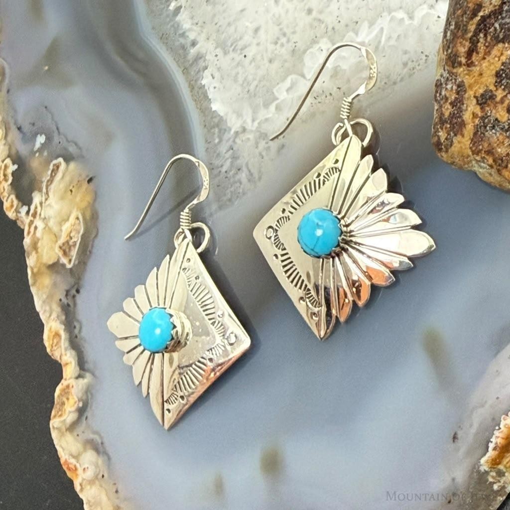 Michael Nez Sterling Silver Turquoise Pueblo Life Dangle Earrings For Women