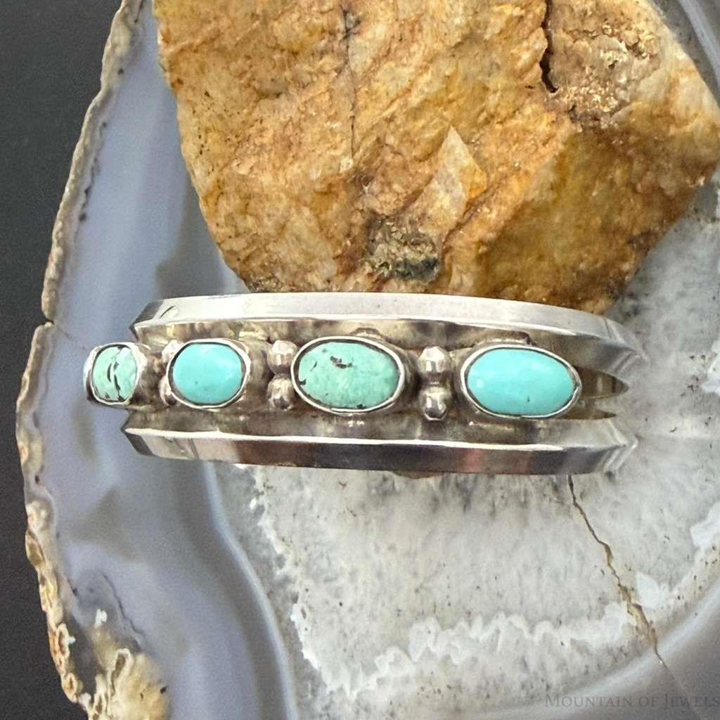 Vintage Native American Silver 5 Oval Turquoise Single Row Bracelet For Women