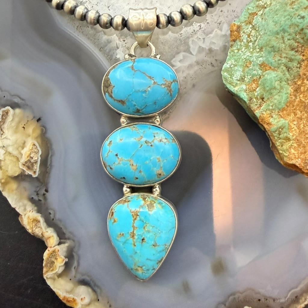 Sterling Silver Southwestern Style 3 Kingman Turquoise Pendant For Women #2