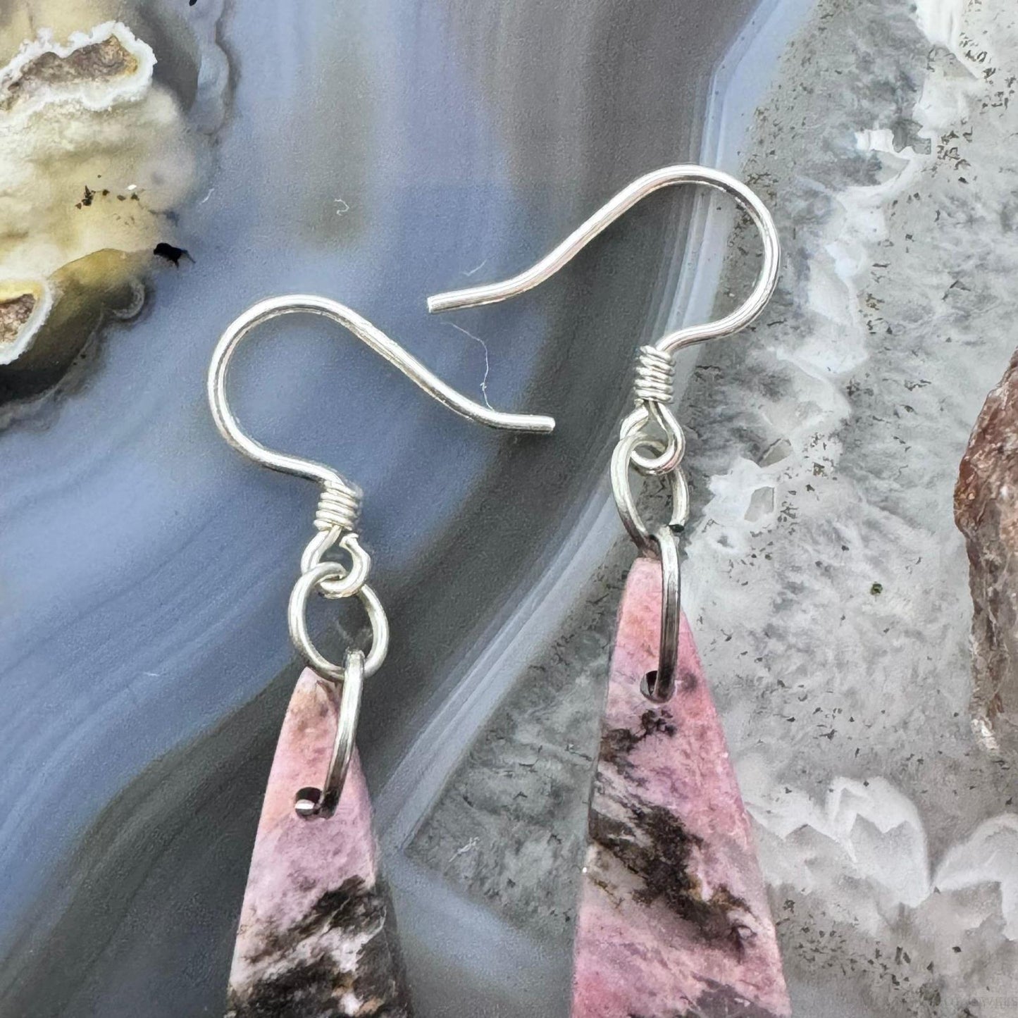 Sterling Silver Elongated Triangle Rhodonite Slab Dangle Earrings For Women #241