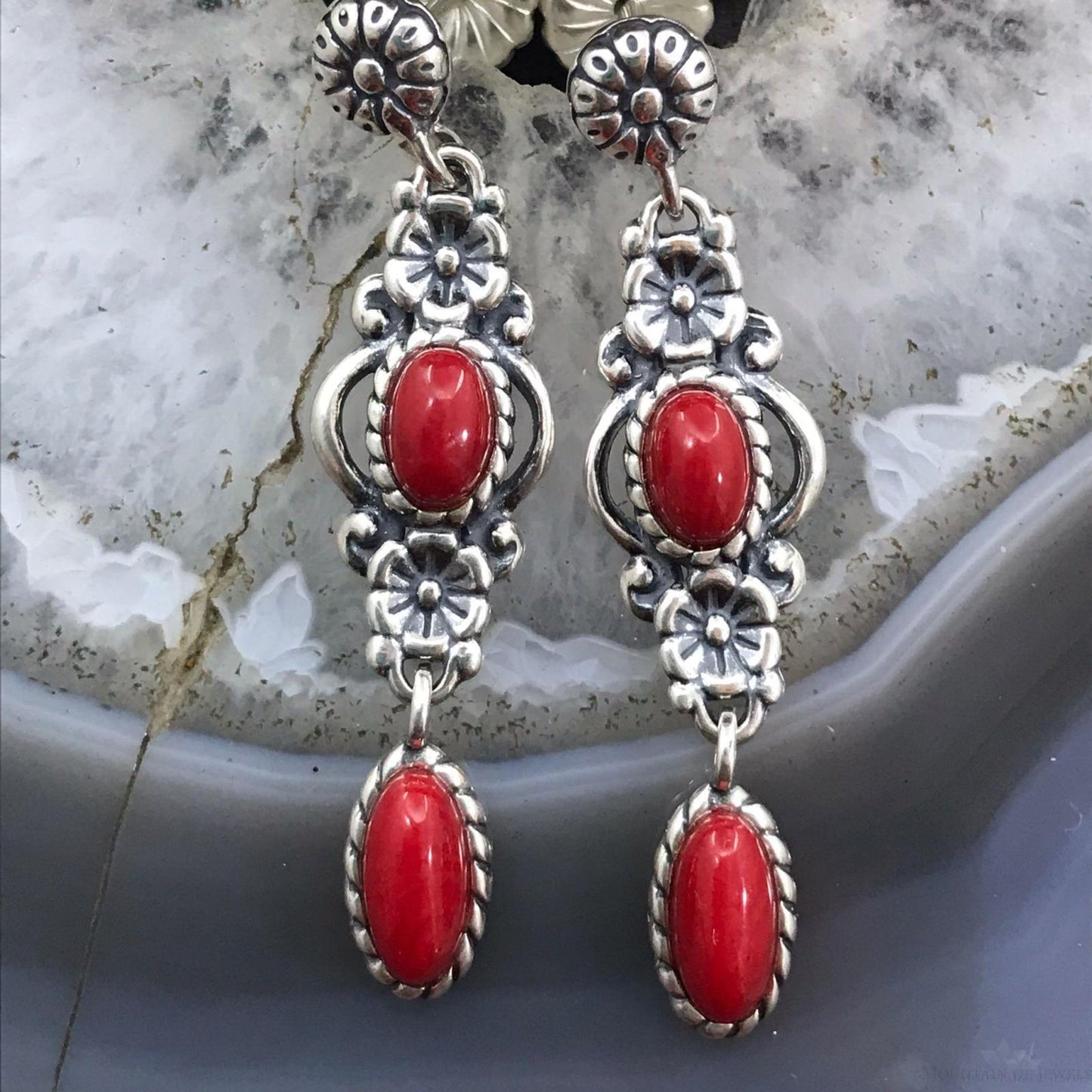 Carolyn Pollack Sterling Silver 4 Coral Decorated Dangle Earrings For Women