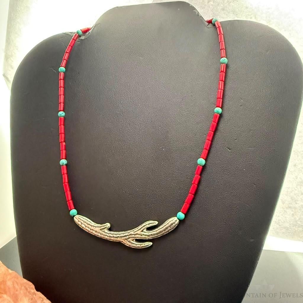 Carolyn Pollack Sterling Silver Cactus Pendant on Coral 14"-17" Necklace For Women