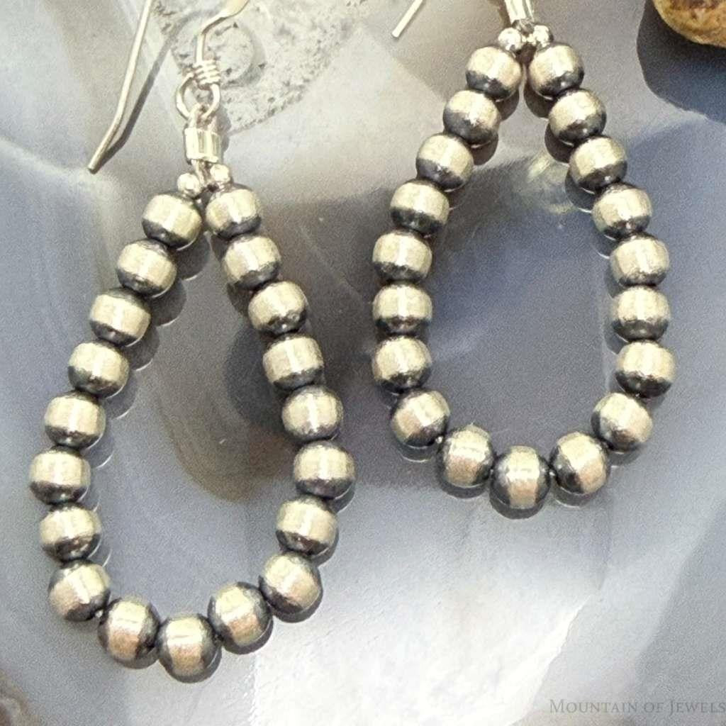 Sterling Silver Southwestern Style 4mm Navajo Pearl Bead Hoop Earrings For Women