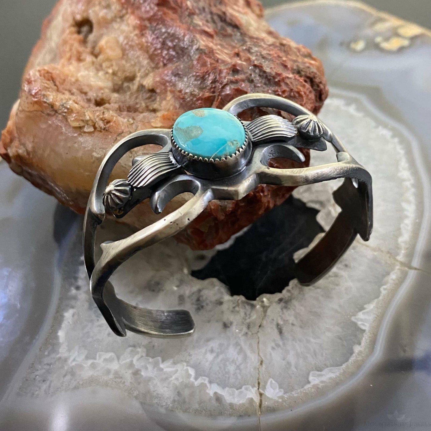 Native American Sterling Silver Turquoise Sand Cast Bracelet For Women