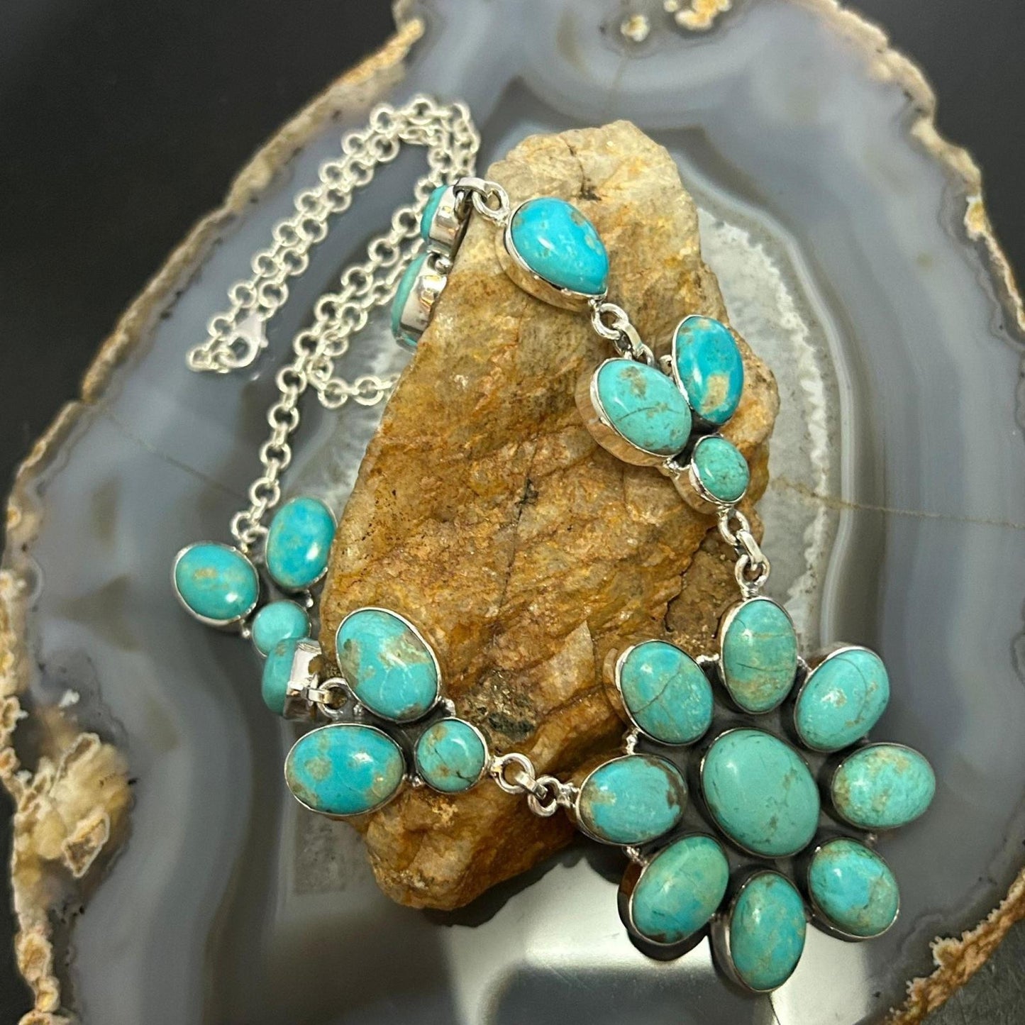 Sterling Silver Southwestern Style Royston Turquoise Cluster 18" Necklace For Women