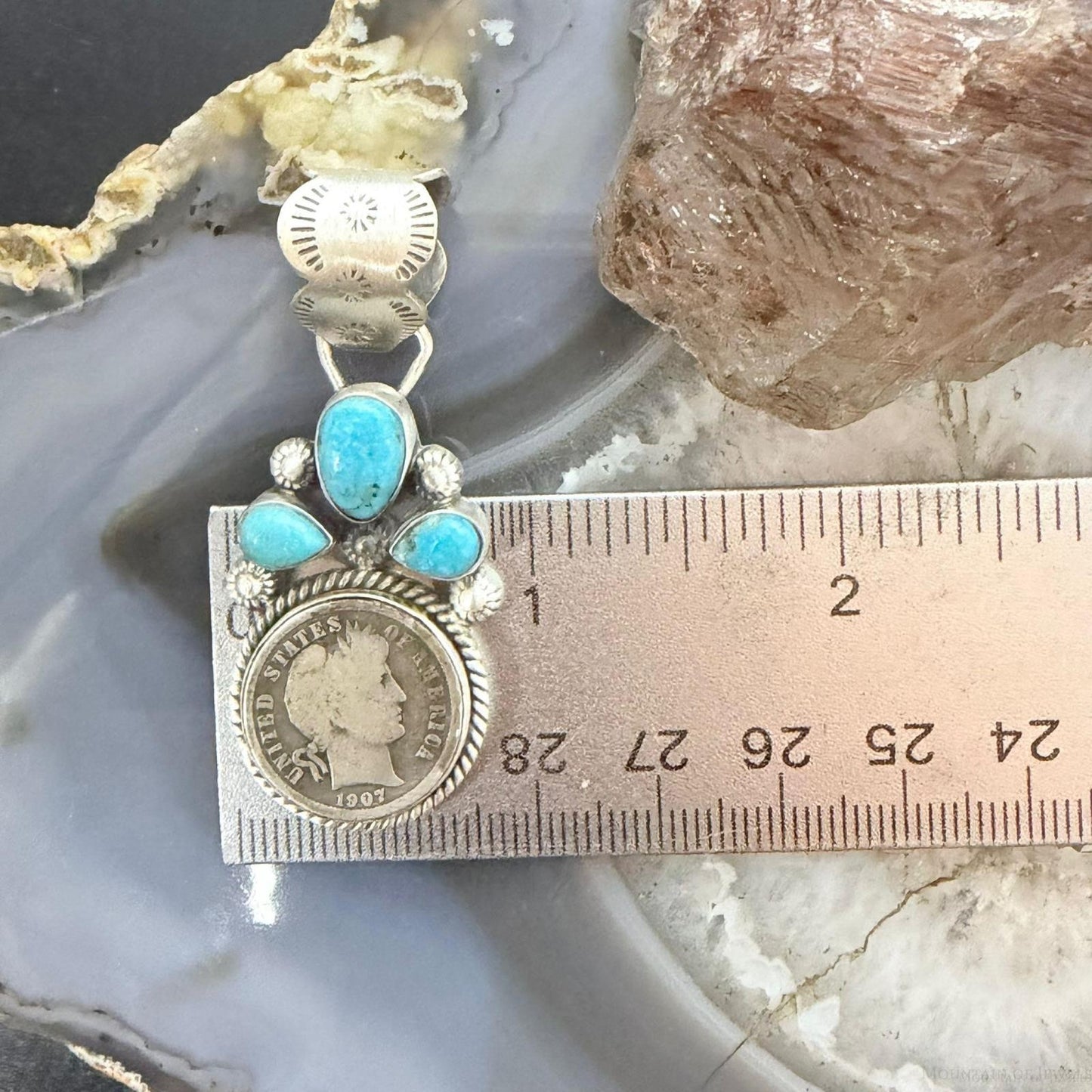 Genuine 1907 90% Silver Barber Head Dime Coin Mohave Turquoise Unisex Pendant