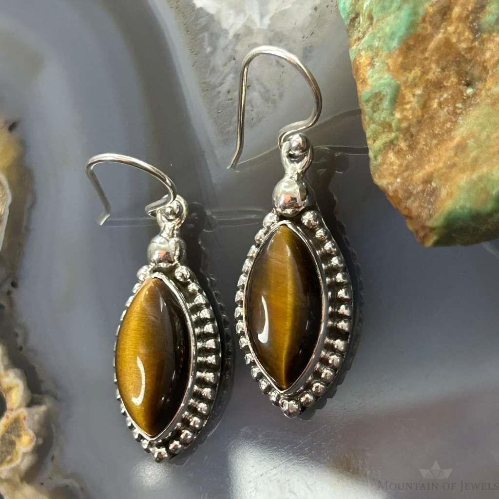 Sterling Silver Southwestern Style Marquise Tiger's Eye Earrings For Women