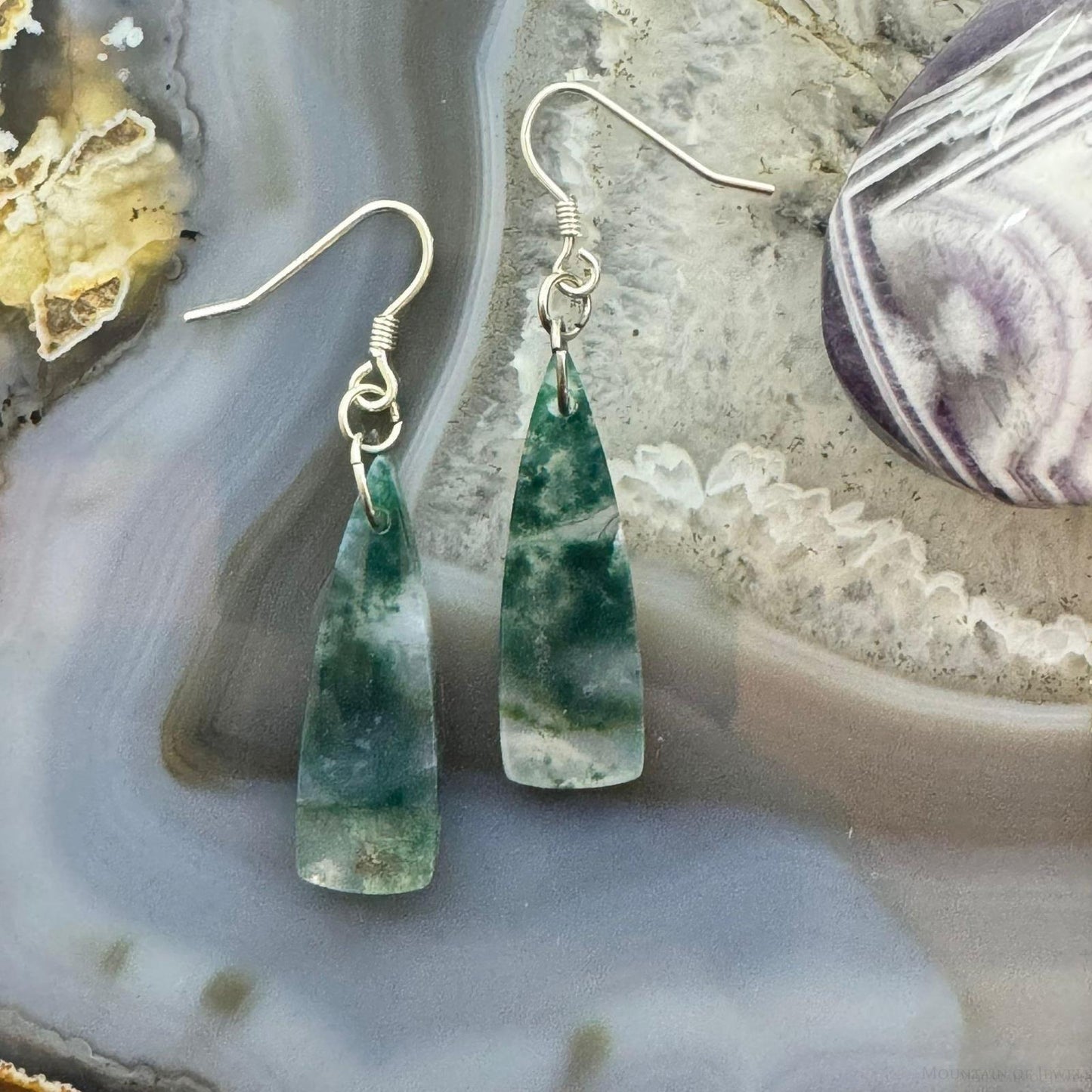 Sterling Silver Triangle Moss Agate Slab Dangle Earrings For Women #234