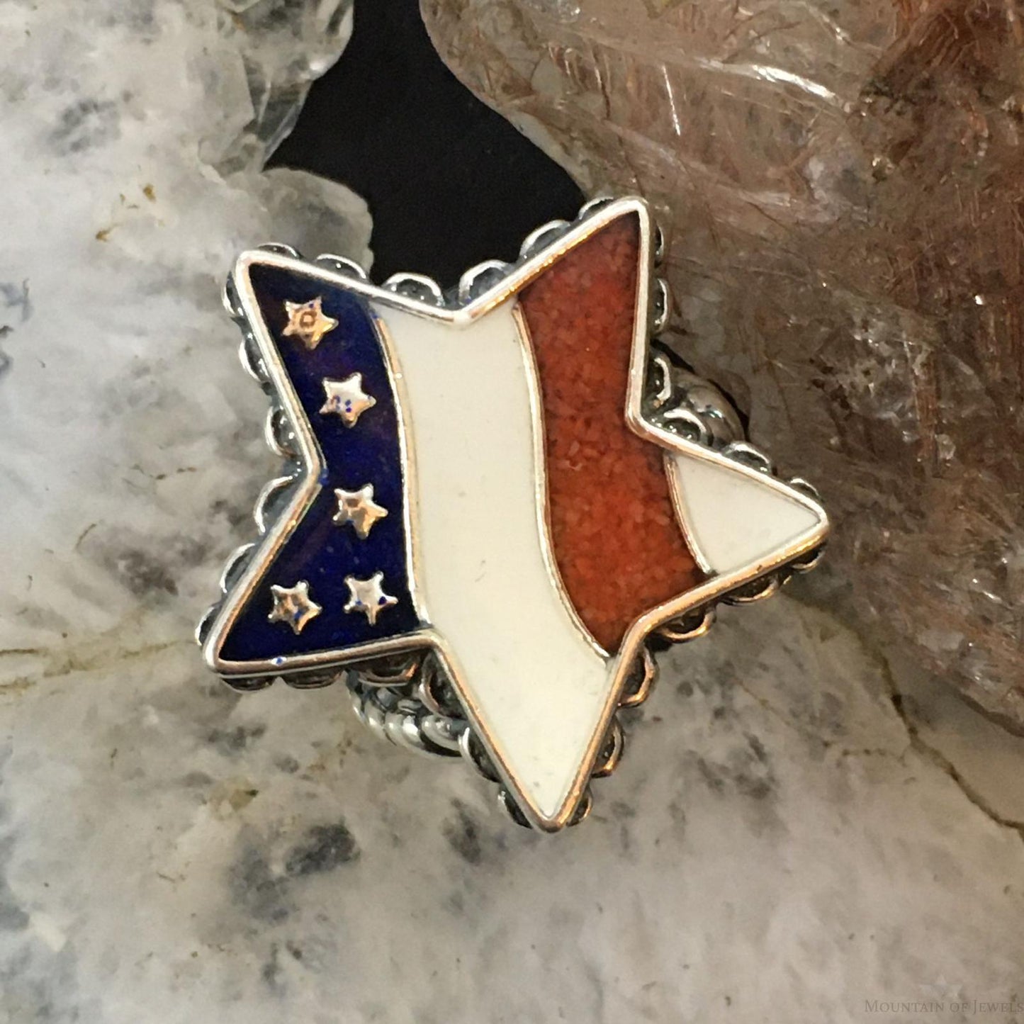 Carolyn Pollack Vintage Southwestern Style Sterling Silver Star Shape American Flag Ring For Women