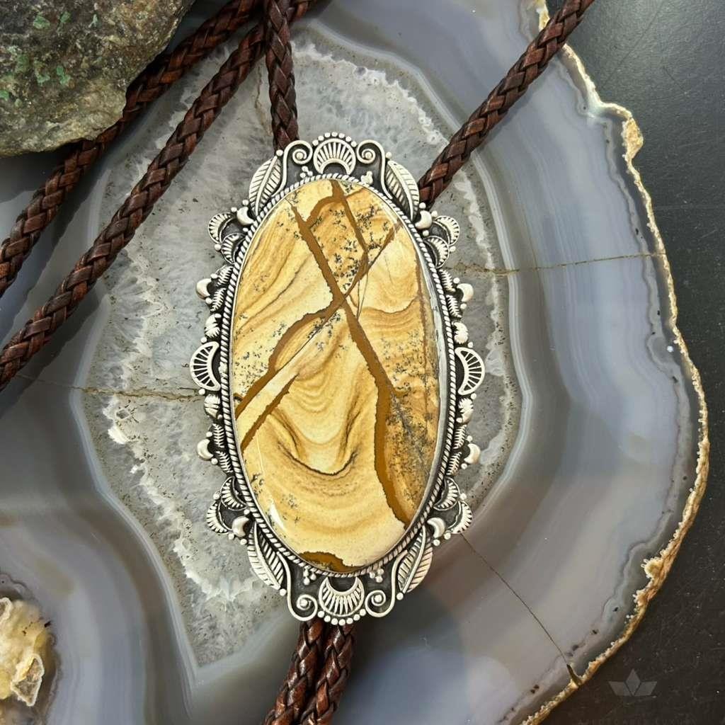 Sterling Silver Southwestern Style Oval Picture Jasper Decorated Bolo Tie For Men