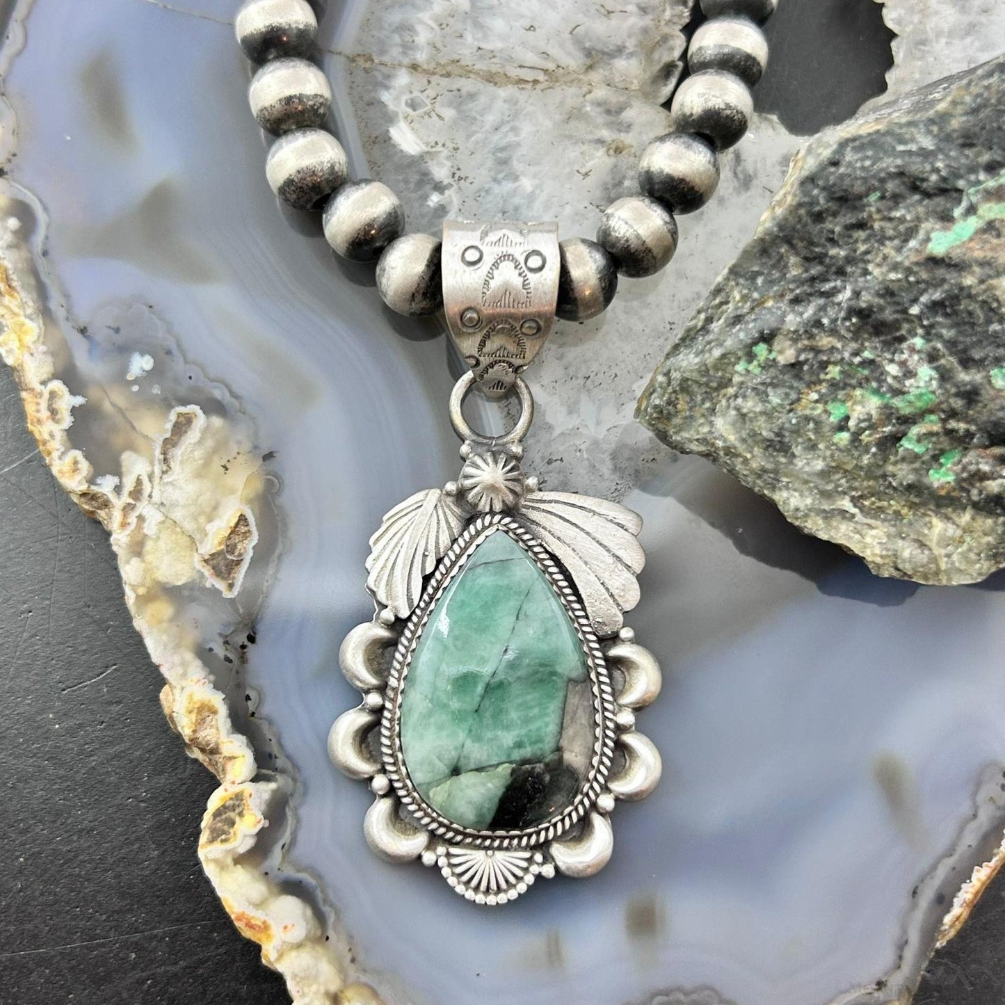 Sterling Silver Southwestern Style Teardrop Emerald Decorated Pendant For Women
