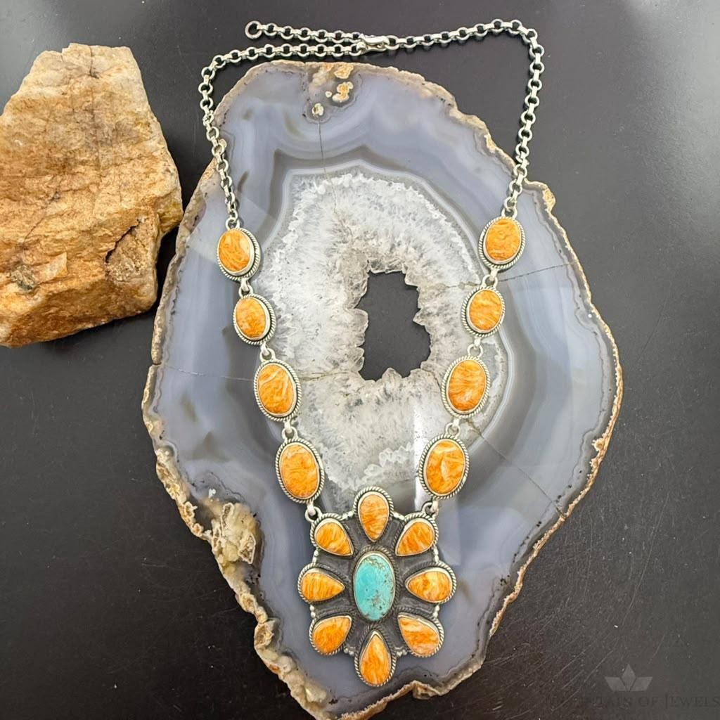 Sterling Silver Southwestern Style Spiny Oyster & Turquoise Cluster Lariat 22" Necklace For Women