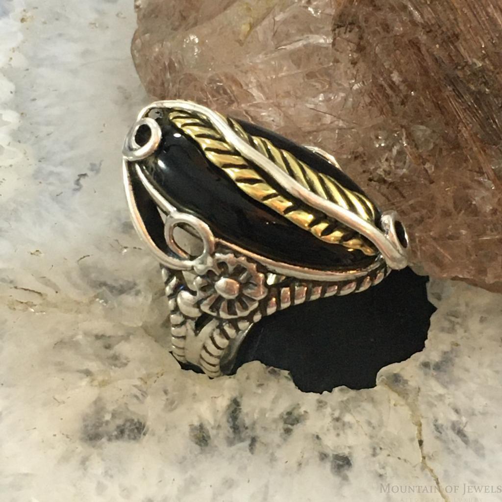 Carolyn Pollack Sterling Silver & Brass Marquise Onyx Decorated Ring For Women