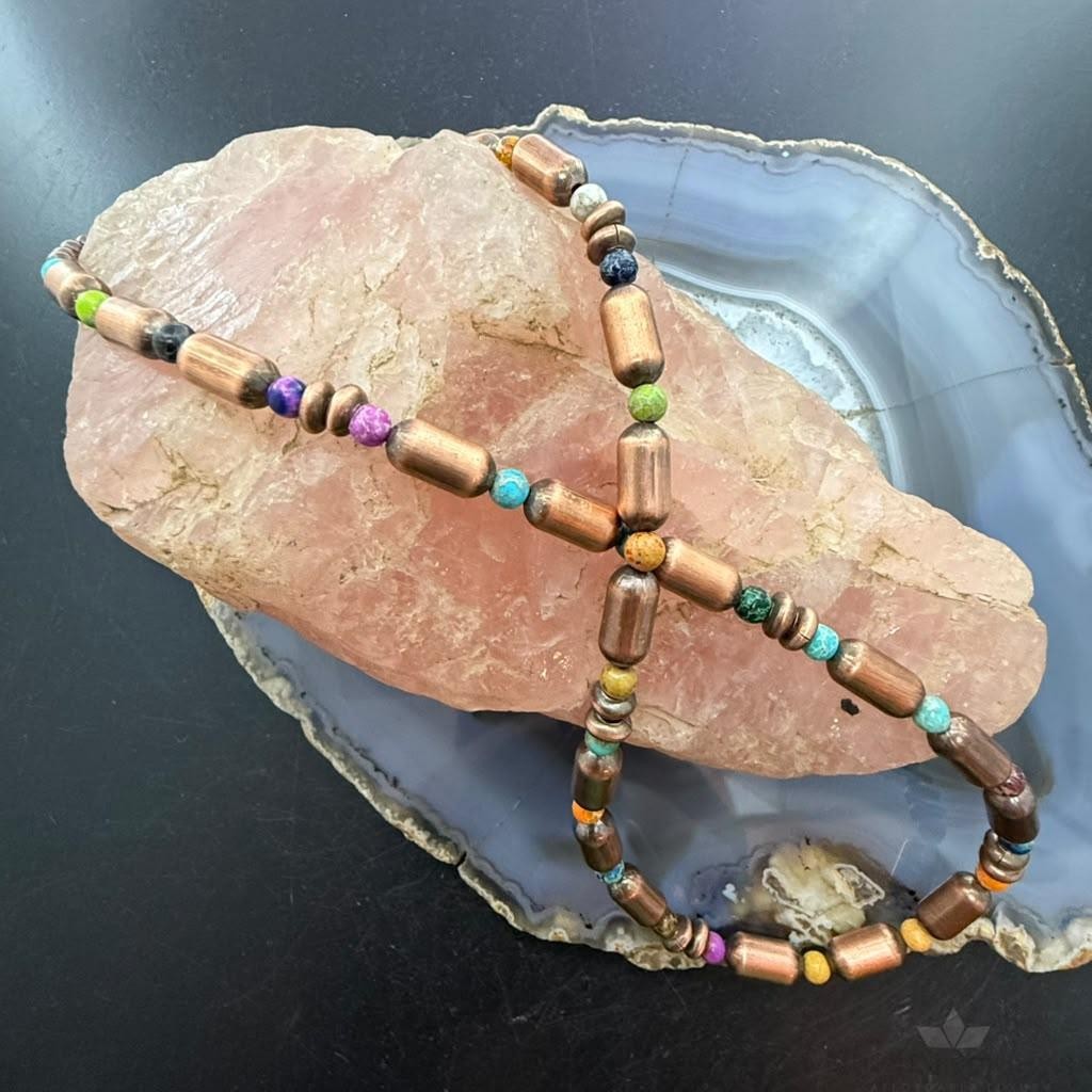 Southwestern Style Copper Navajo Pearl Round &Cylinder w/Multistone 18" Necklace For Women