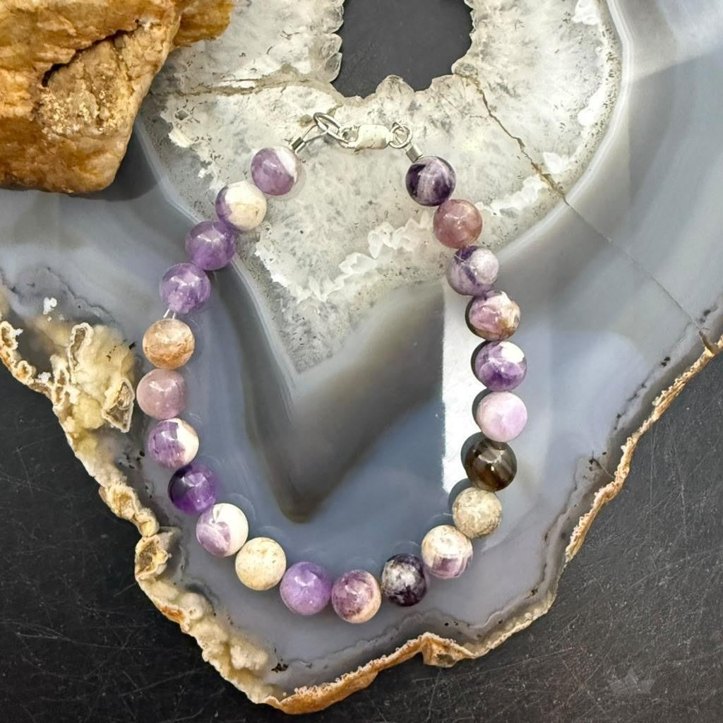 Sterling Silver 8mm Round Amethyst Beads 7" Bracelet For Women