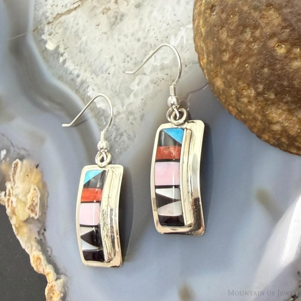Sheryl Edaakie Zuni Sterling Silver Multistone Inlay Rectangle Dangle Earrings For Women #1
