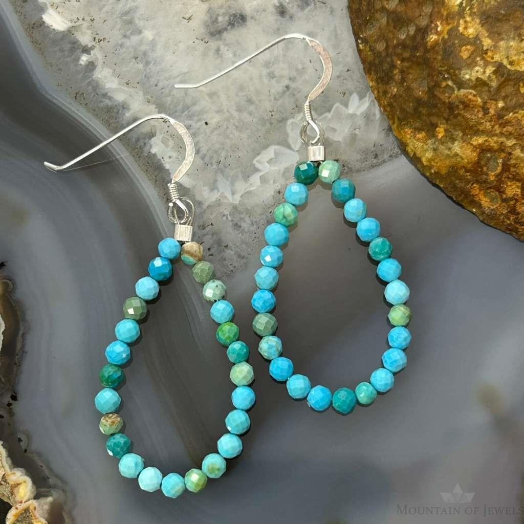 Sterling Silver Faceted Variety of Turquoise Shades Beads Hoop Earrings For Women