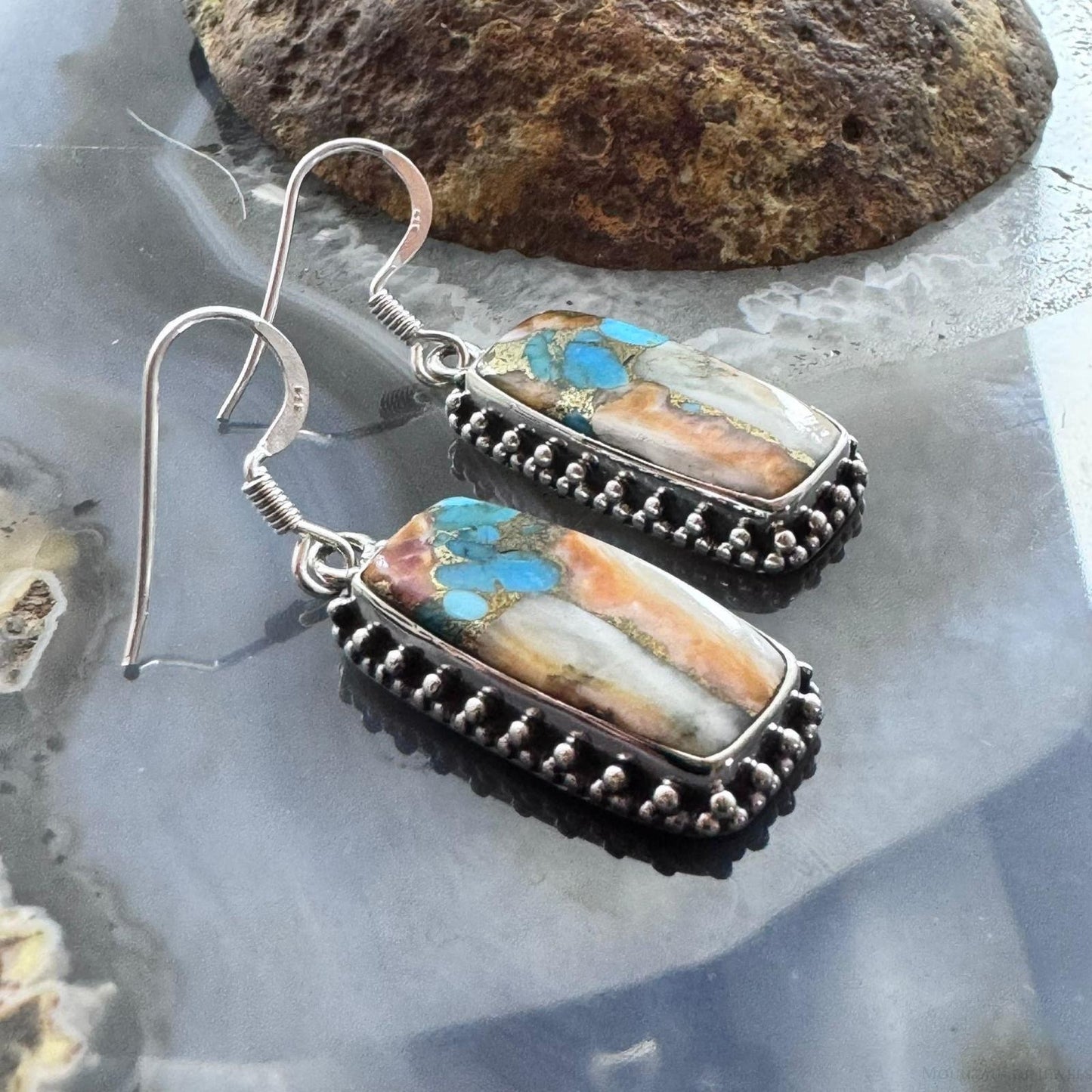 Sterling Silver Southwestern Style Rectangle Spiny & Turquoise Dangle Earrings For Women