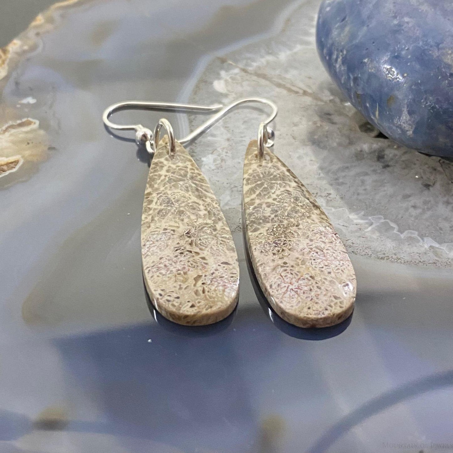 Sterling Silver Teardrop Fossilized Coral Slab Dangle Earrings For Women #067