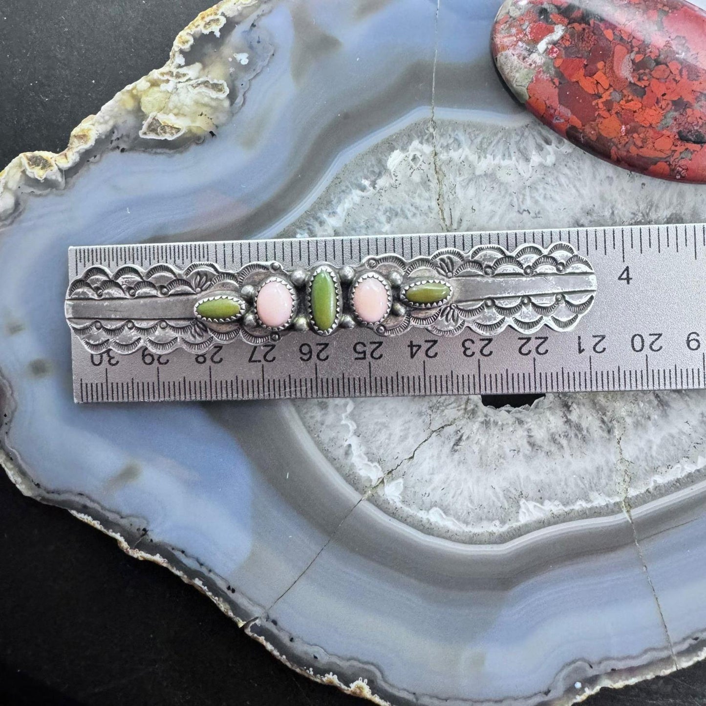 Ron Wesley Vintage Silver Green Turquoise & Angel Skin Coral Hair Barrette
