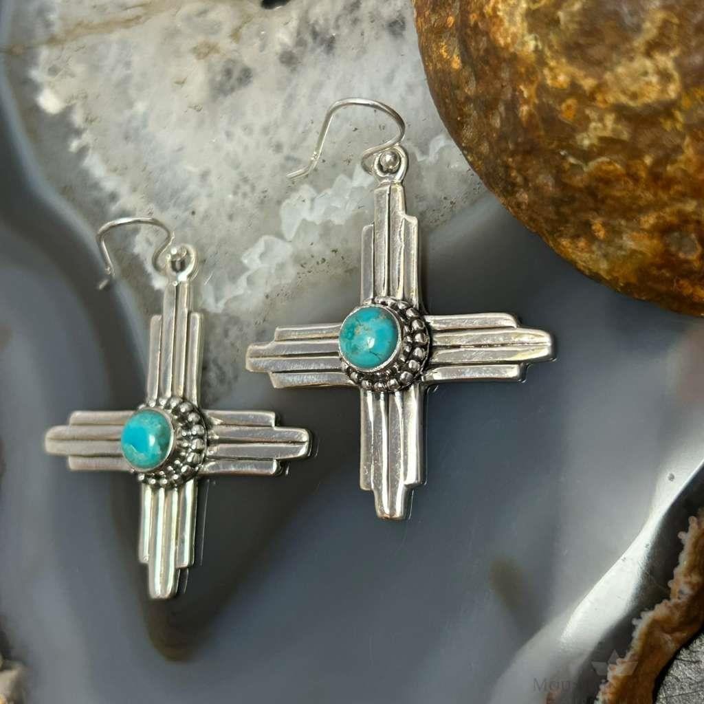 Sterling Silver Southwestern Style Round Mohave Turquoise Zia Dangle Earrings For Women