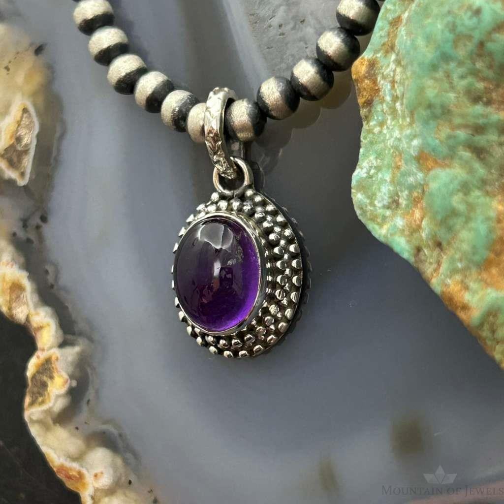 Sterling Silver Southwestern Style Oval Amethyst Decorated Charm/Pendant For Women