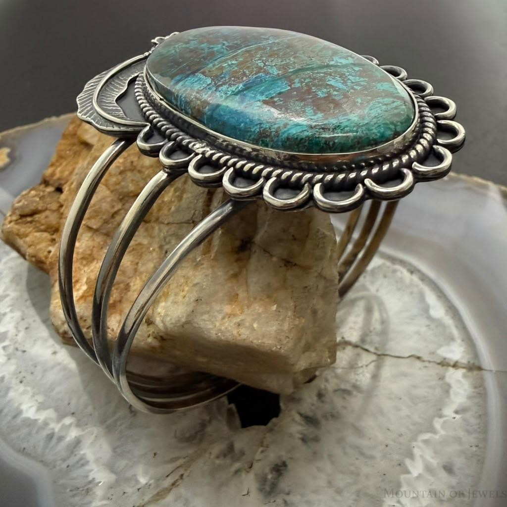 Sterling Silver Southwestern Style Oval Chrysocolla Decorated Bracelet For Women