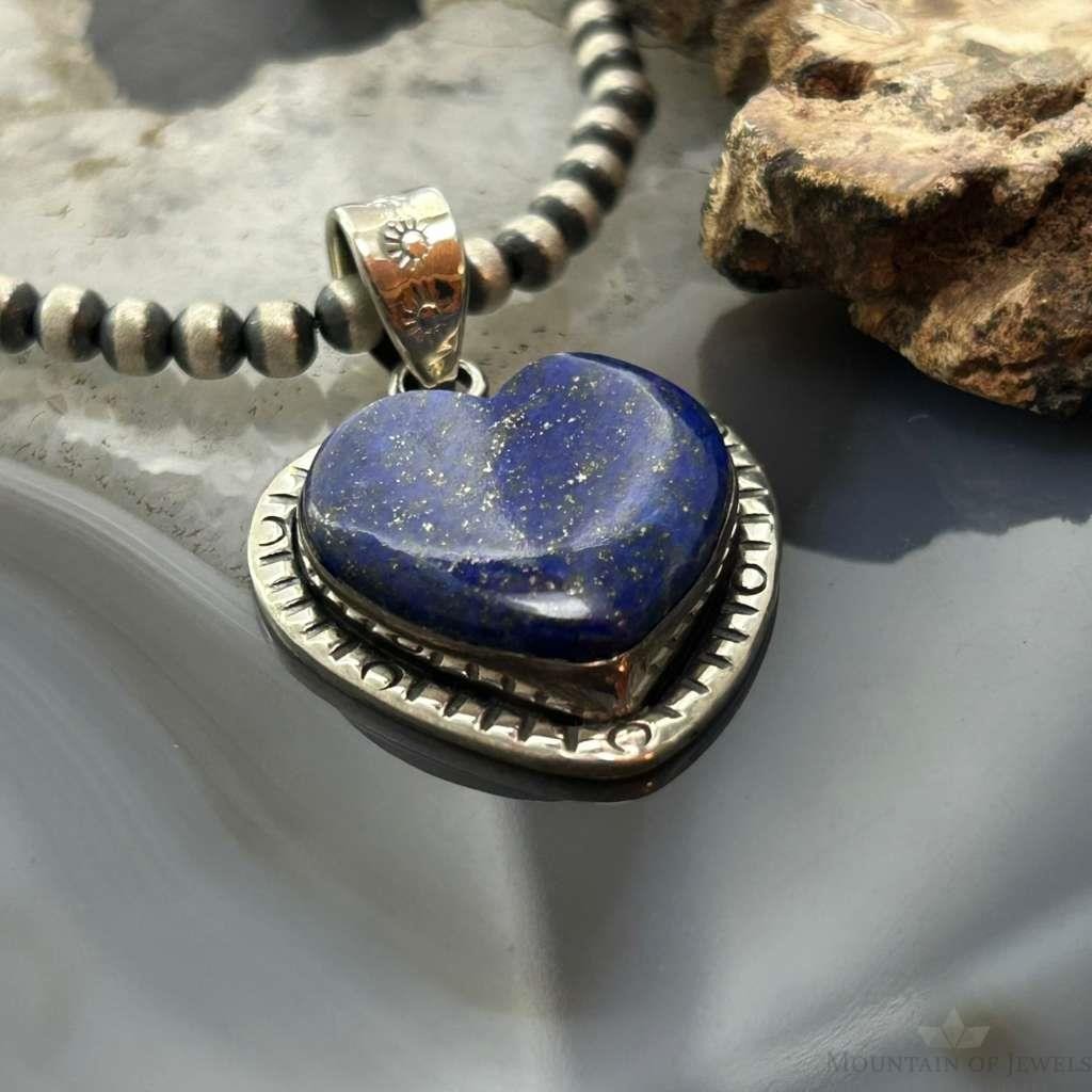 Sterling Silver Southwestern Style Lapis Heart Decorated Pendant For Women #4