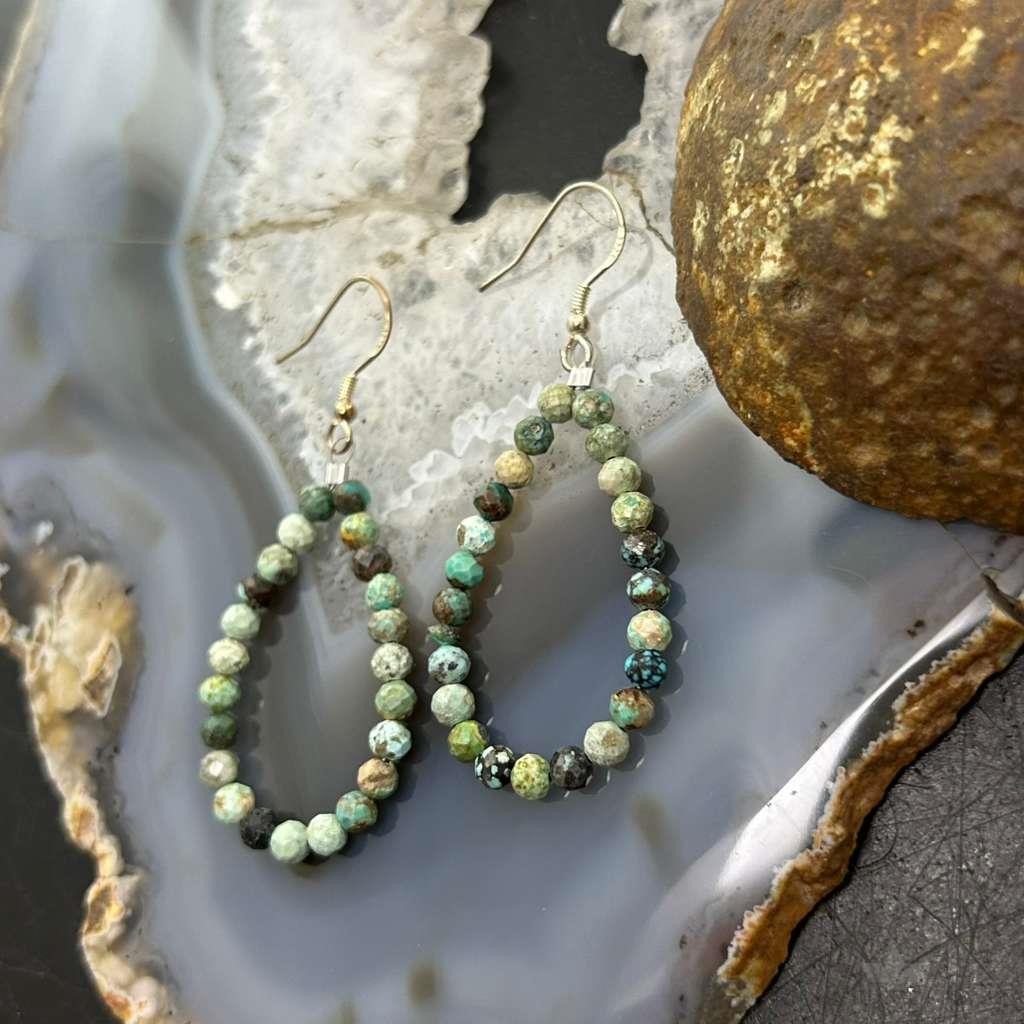 Sterling Silver Faceted Hubei Turquoise Hoop Dangle Earrings For Women