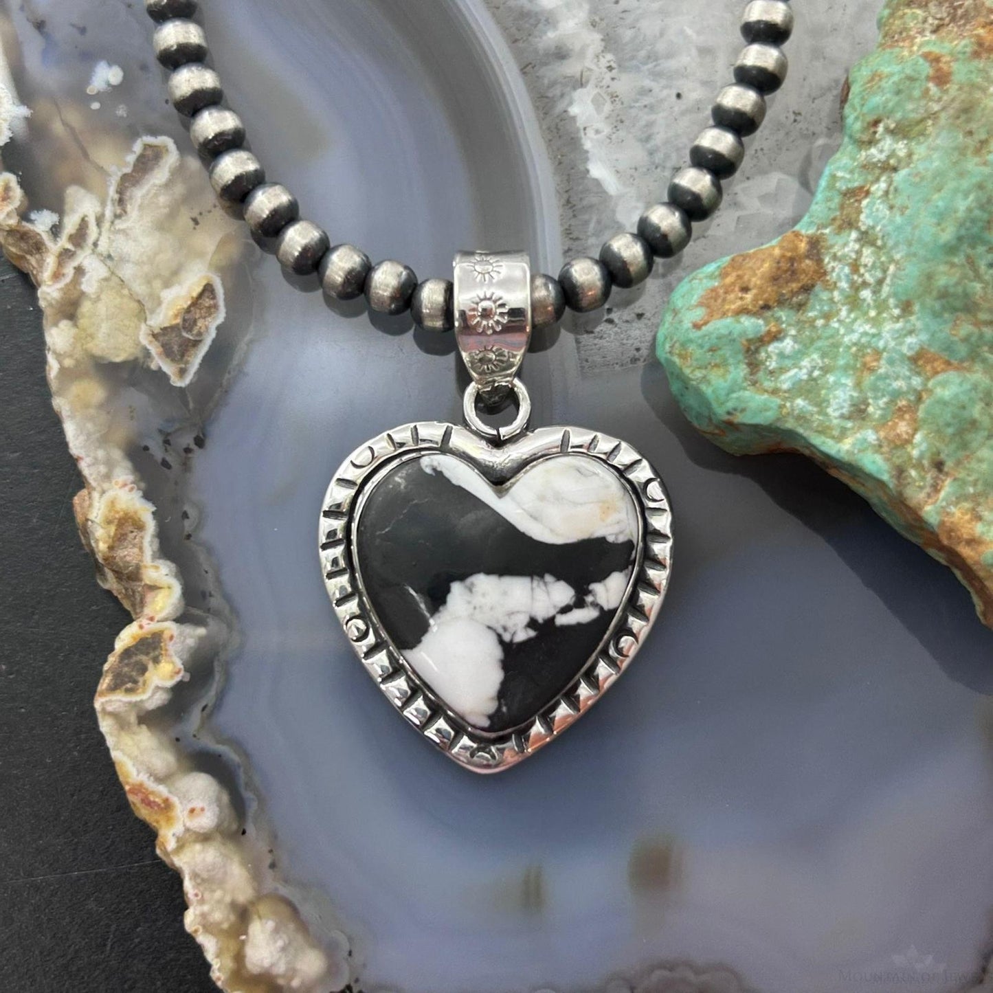Sterling Silver Southwestern Style White Buffalo Decorated Heart Pendant For Women