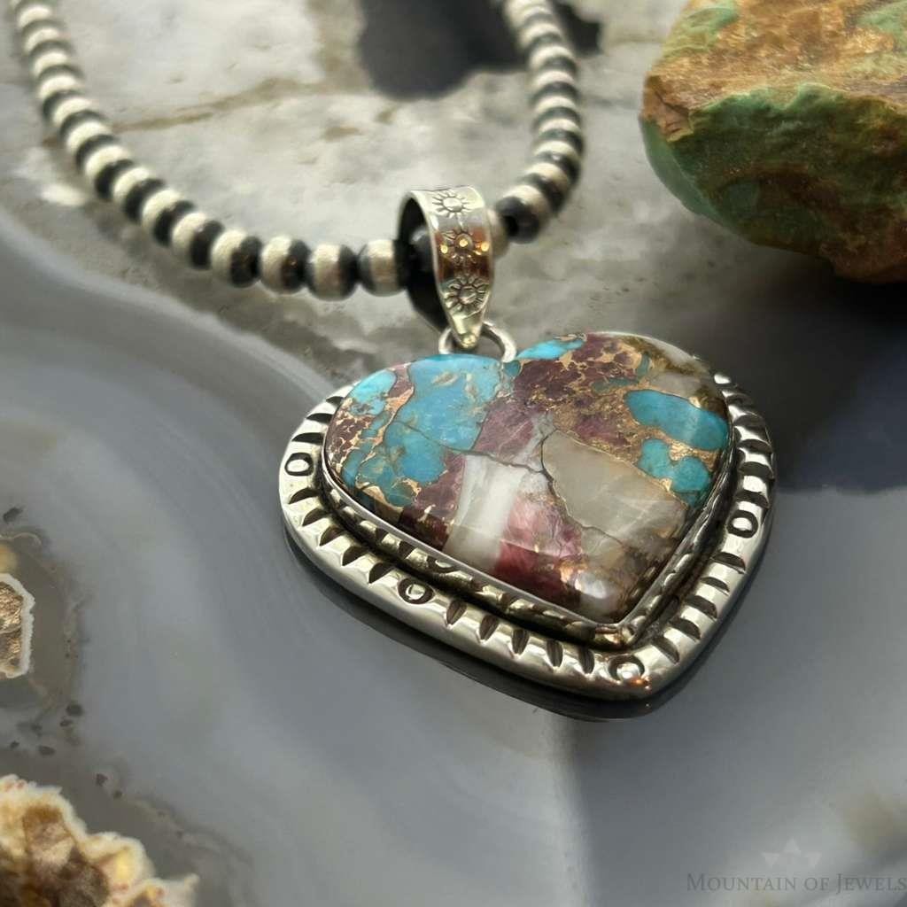Sterling Southwestern Style Turquoise Spiny Oyster Heart Pendant For Women #2