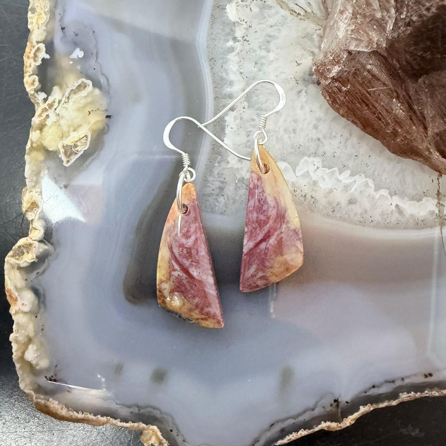 Sterling Silver Triangle Plum Moss Agate Slab Dangle Earrings For Women #506