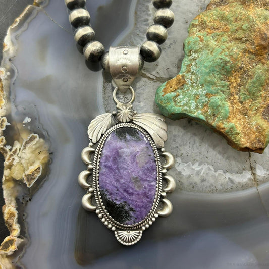 Sterling Silver Southwestern Style Oval Charoite Decorated Pendant For Women