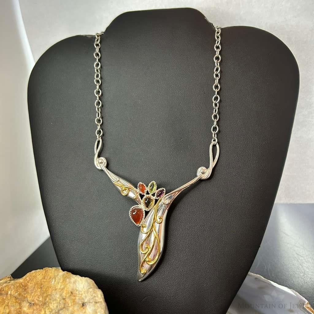 Carolyn Pollack Sterling Silver & Brass Multi Stone Decorated 18" Necklace For Women