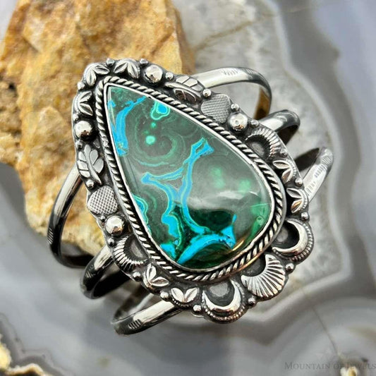 Sterling Silver Southwestern Style Large Teardrop Azurite Malachite Bracelet For Women