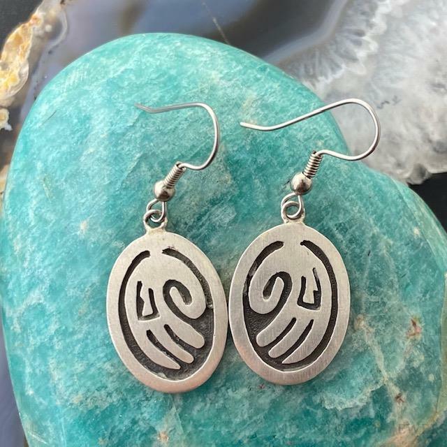 Native American Silver Oval Hand Symbol Dangle Earrings For Women