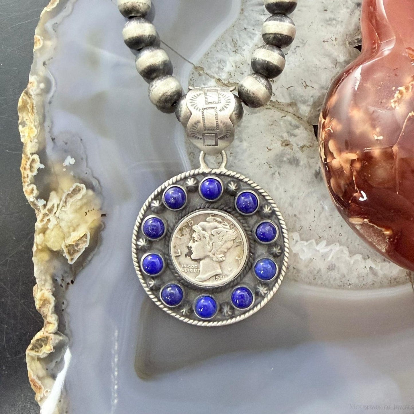 Genuine 1941 90% Silver Mercury Dime Coin w/Lapis Decorated Unisex Pendant #1