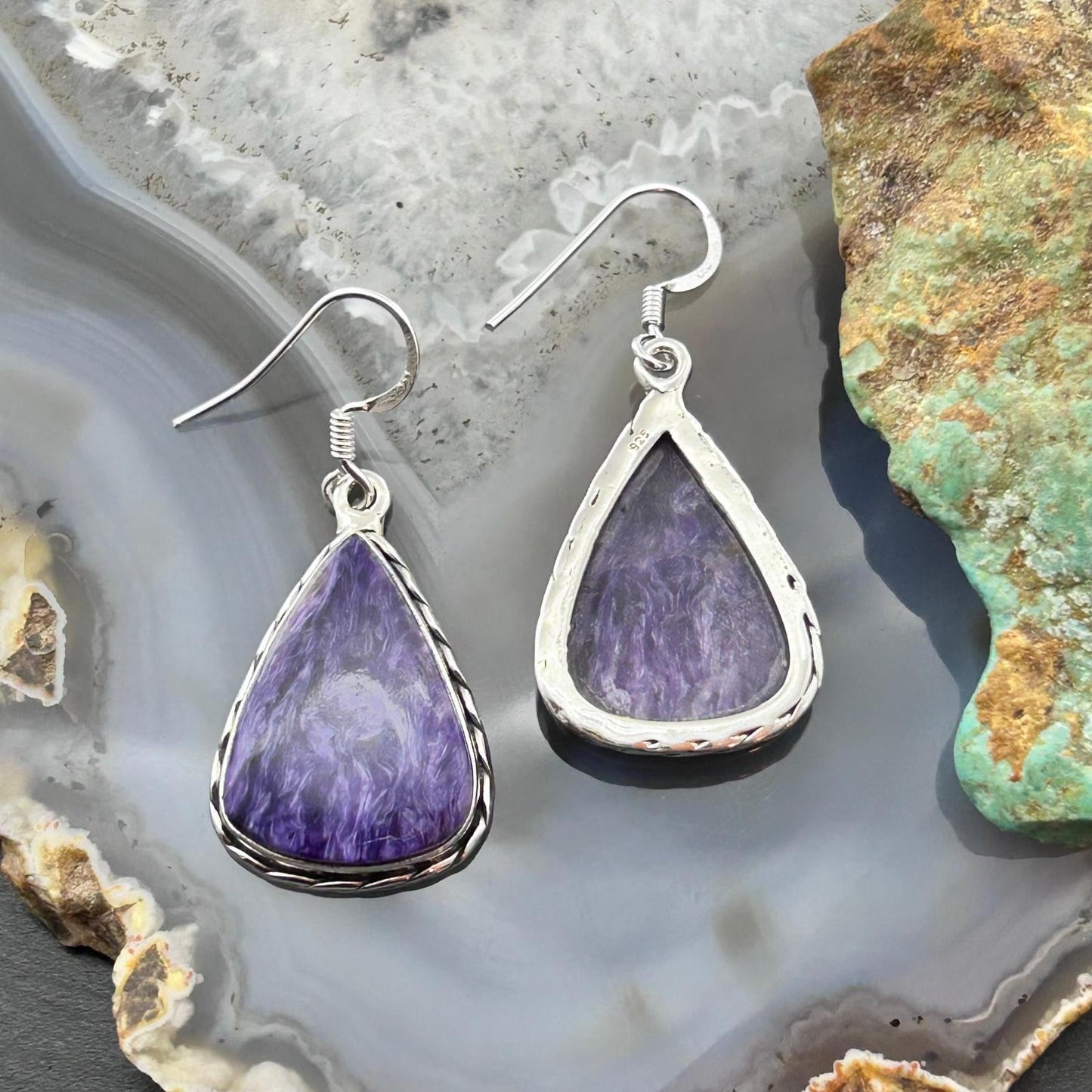 Sterling Silver Southwestern Style Teardrop Charoite Dangle Earrings For Women