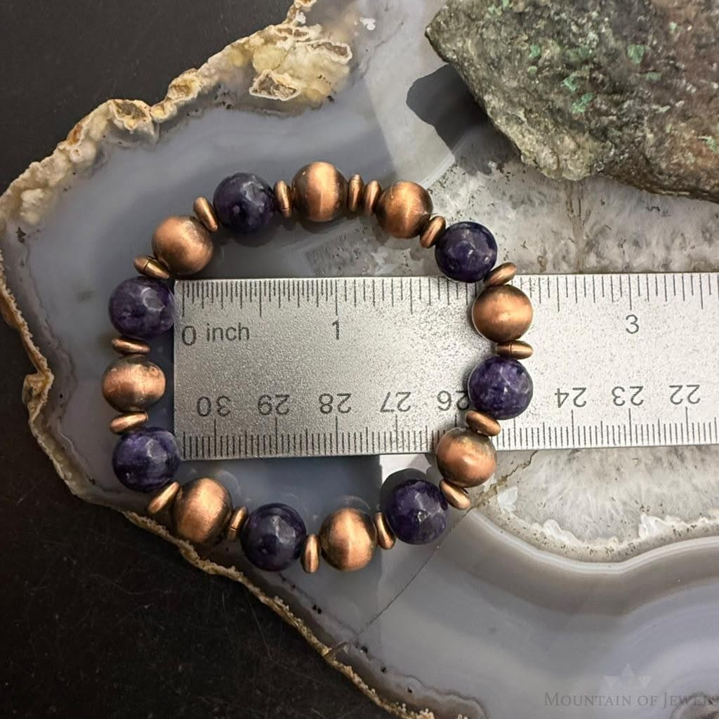 Southwestern Style Copper 10mm Navajo Pearl Beads&10mm Charoite Stretch Bracelet For Women