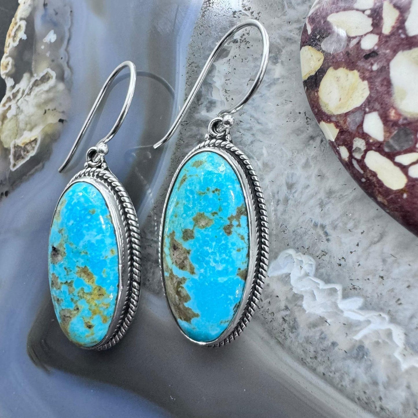 Native American Sterling Silver Elongated Oval Turquoise Dangle Earrings For Women