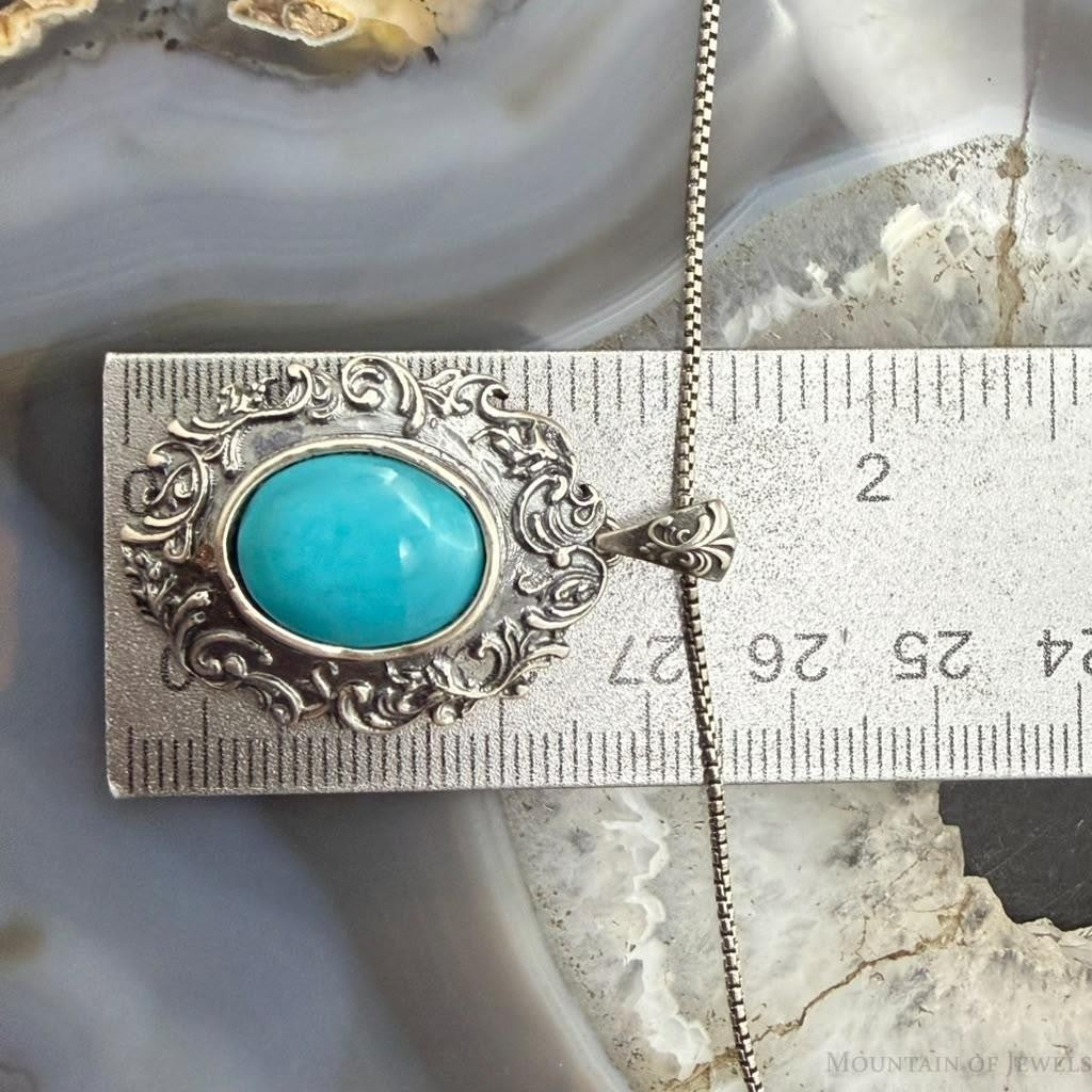 Paz Israel Sterling Silver Oval Turquoise Decorated Pendant w/Necklace For Women