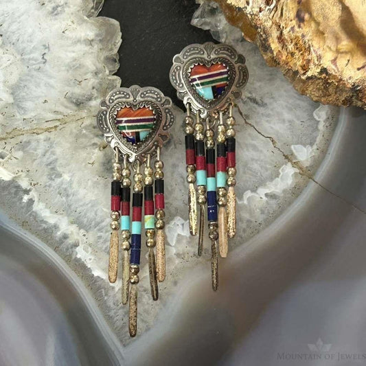 Q.T Quoc Vintage Sterling Sillver Multistone Inlay Heart Dangle Earrings For Women